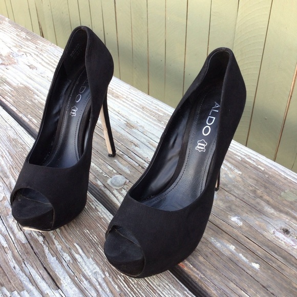 Aldo Black Suede Peep Toe Platf  Stiletto Heels - Picture 1 of 10